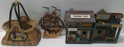 (1) Wicker Duck Flower Basket (1) Ship Themed Music Box (2) Western Town Bird House