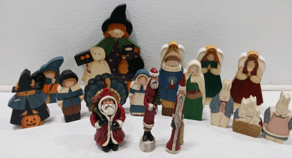 (13) Assorted Wood Fall Figurines (3) Wood Santa Figurines