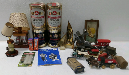 (4) Henninger Metal Cans (2) Beer Can Lamps (9) Model/Toy Cars & More