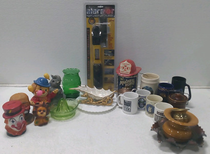 (1) Alarmor Steering Lock & Car Alarm (8) Coffee Mugs (5) Circus Figurines & More