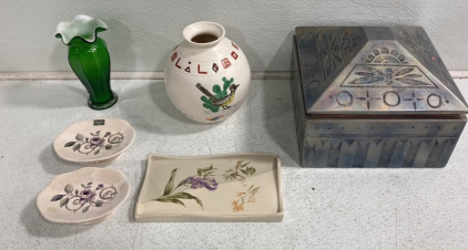 (2) Asorted Vases (3) Asorted Ceramic Trays (1) Decorative Storage Box