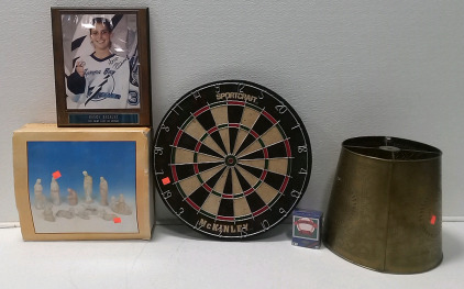 Heavy-Duty Sportcraft Commercial Dart Board, Manon Resume 'The First Lady of Hocky' Autographed Plaque, 1989 Upper Deck Sealed Set, Vintage Nativity Set, Metal Lamp Shade