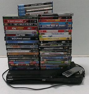 (1)Sony Blu-Ray/DVD Player (2)TV Remotes (50) Assorted DVDs (4)Blu-Ray Discs