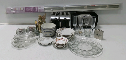 (2) Glass Candle Holders (1) GE 4 Slot Toaster (1) Aluminum Mini Blinds & More!