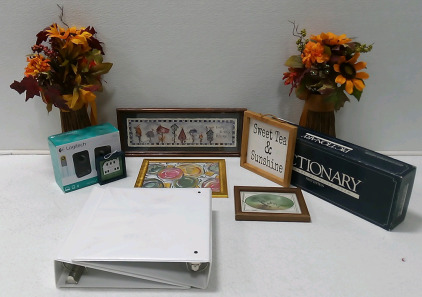 (2) Autumn Flower Plastic Bouquet, (5) Varied Size Decorative Pictures, (2) 2" Paper Binders, Logitech z150 Desk Speakers, Pictionary First Edition