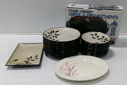 (12) 8.5" Dinner Plates, (12) 11" Dinner Plates (1) George Foreman Grill & More