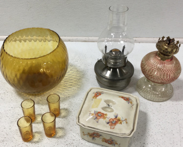 (1) Glass Bowl (2) Kerosene Lamps & More