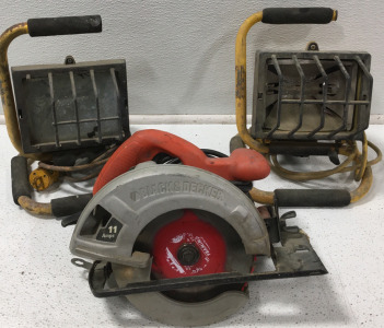 (2) The Designers Edge Work Lights Model 4Z21 (1) Black&Decker Saw Model CS1000