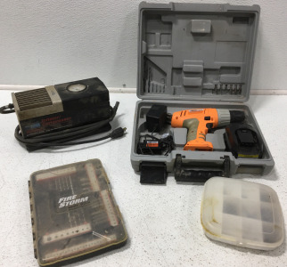 (1) Air Drive Inflator/Compressor 120PSI Model 900.150350 (1) Chicago Eletric 19.2V Cordless Drill Model 66127 & More