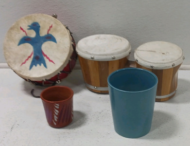 (1)Native American Bongo (1) Theater Bongo (2) Flower Pots