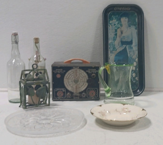 (2) Decorative Glass Bottles (1) Television Signal Generator Model TV-30 (1) Coca-Cola Decorative Wall Art & More