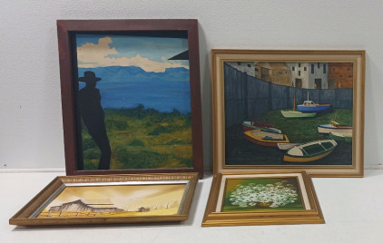 (1) Cowboy W/ Mountain Background Painting 27"&times;22.75" (1) Boat Painting 26.75&times;22.25" (1) Barn Painting 23.25"&times;19.25 (1) Flower Basket Painting 21"&times;17"
