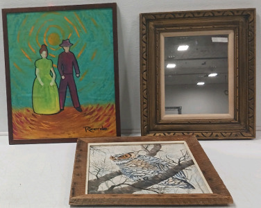 (1) Man & Woman Painting 24.25"×20.25" (1) Mirror W/Frame 22.25"×19" (1) Owl Painting 23.75"×19.25"