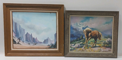 (1)Desert Canyon painting 32"×28.25" (1) Horse W/Mountain Background Painting 29.25"×25.5"