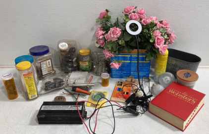 (1) Power Inverter (1) Clip Desk Light (2) Fake Flower Bouquets And More!