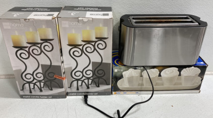 (2) Candle Holder Sets (1) Intertek Toaster (1) Under the Sea Condiment Set