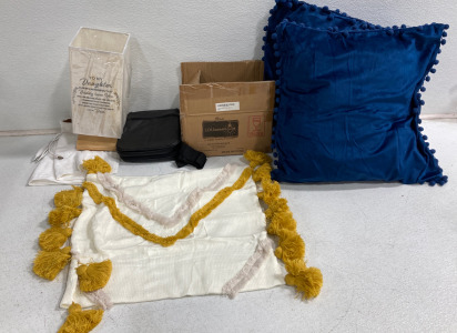 (2) Blue Pillows (1) Desk Lamp (1) Side Bag (1)White and Yellow Pillowcase And More!