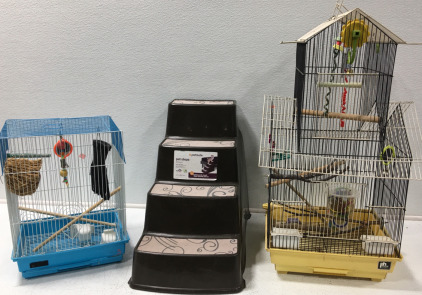 (2) Bird Cages W/Accessories (1) Pet Steps