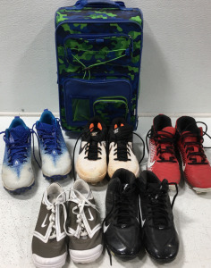 (1) Small Rolling Suitcase (1) Size 11 Nike Alpha Cleats Red (1) Size 9.5 Nike Cleats Black & White (1) Size 6.5 Nike Alpha Cleats Black (1) Size 6.5 Nike Cleats Gray (1) Size 9 Under Armor Cleats Blue