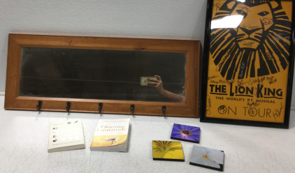 (1) Mirror W/ Coat Hooks (1) The Lion King Musical Poster Signed By Cast, & More