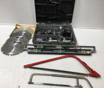 18V Hitachi Cordless Drill model DS 18DSAL W/2 Batteries, Charger, & Case (4) 10&rdquo; Saw Blades (2) Levels (2) Hand Saws