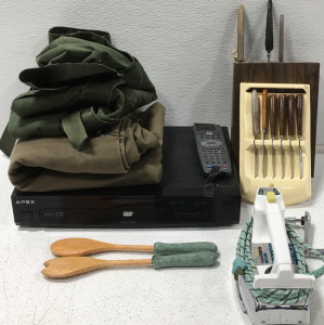 (1) Apex DVD Player Model AD-660 (2) Army Rucksacks (1) Westinghouse Steam Iron & more