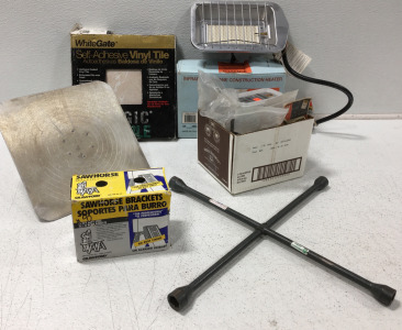 (1) Box Marbel Tile Size 12”x12” (1) Infrared Propane Heater Model M27A25 (1) Sawhorse Brackets & more