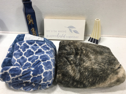 (2) Vases (1) Heated Blanket (1) Wolf Design Blanket & More