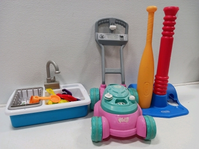 (1) Little Tikes T-Ball Stand & Bat (1) Play Kitchen & Accessories (1) Play Lawn Mower