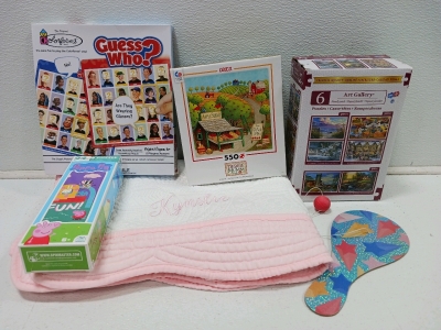 (1) Crib Size Quilt (3) Puzzles (1) Colorform Guess Who Game