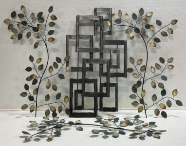 (3) Matching Metal Leaf Wall Art, (1) Gray Metal Wall Art