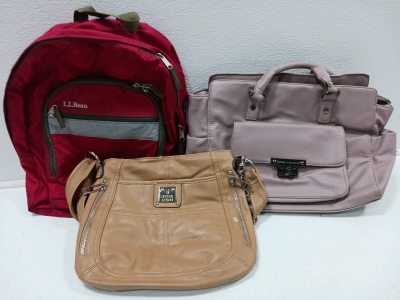 (1) Rose Damsel in Defense Purse (1) Red L.L.Bean Backpack (1) Tan Tyler Rodan Purse