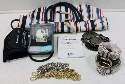 (1) Striped Hand Bag (6) Assorted Belts (1) Healthsmart Standard Series Upper Arm Blood Pressure Monitor