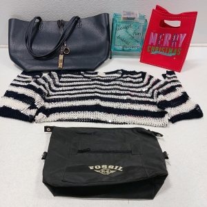 (1) Leather Handbag (1) Glass Cube w/LED Lights (1) Fossil Flight Bag (1) Chico Ladies Stripes Shirt