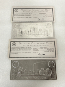 (2) $20 NATIONAL MINT COLLECTORS 9/11 COMMEMORATIVE SILVER LEAF CERTIFICATE- MINT