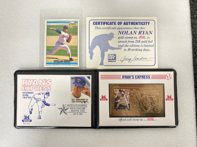 NOLAN RYAN SPORTS CARD AND RYAN’S EXPRESS OFFICIAL GOLD STAMP NO. 4032 WITH CERTIFICATE OF AUTHENTICITY