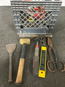 MILK CRATE WITH VARIOUS TOOLS