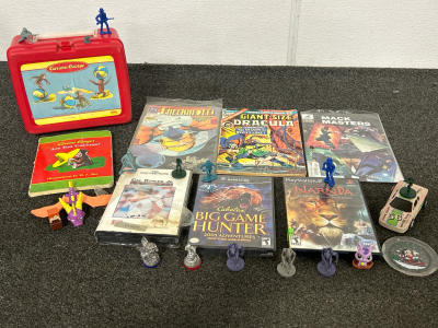 3 COMIC BOOKS, 3 VIDEO GAMES, CURIOUS GEORGE LUNCHBOX WITH BOOK AND OTHER LITTLE TOYS