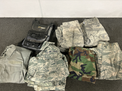 MILITARY FATIGUES (SIZES 30S-32R, WEIGHTED VEST AND UTILITY COVERALLS (SIZE M)