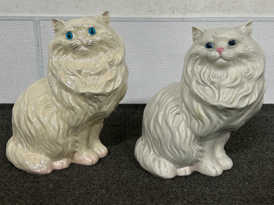 2 CERAMIC CAT STATUES (HOLLOW-ROUGHLY 14” TALL)