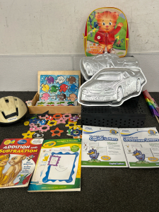 LIGHTNING MCQUEEN CAKE PANS (3), NASCAR #82 CAME PAN, PRE-K+ LEARNING BOOKS, DANIEL TIGER SMALL BACKPACK AND MORE