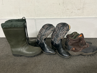 MENS INSULATED WADER/RAIN BOOTS, COWBOY BOOTS AND HIKING BOOTS (SIZES 9-10)