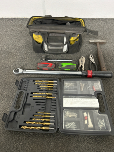 TOOL BAG WITH VARIOUS HAND TOOLS, CLICKER STYLE MICROTORK WRENCH ANS DRILL BITS AND MISC HARDWARE