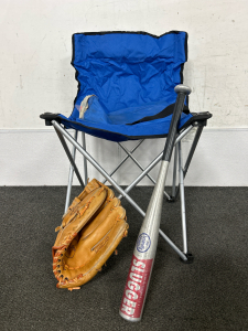 METAL LOUISVILLE SLUGGER 24”/15 OUNCE, LEATHER MITT AND FOLDING CHAIR