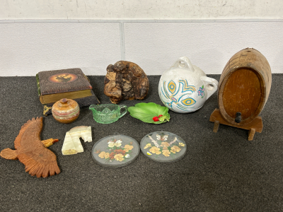 VINTAGE SMALL WOOD WHISKEY BARREL, GREEN ONYX SMALL BOWL WITH LID, GREEN ONYX HORSE HEAD AND MORE