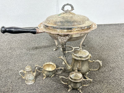 SILVER PLATED HOT POT AND TINY PARTIAL TEA SET