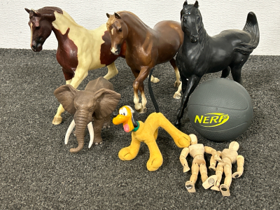 3 VINTAGE PLASTIC HORSES, ELEPHANT, PLUTO, 2 WOODEN FIGURES AND NERF BALL