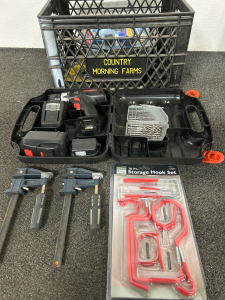 WORKING DRILL MASTER CORDLESS DRILL WITH BATTERY, CHARGER AND DRILL BITS, PLUS STORAGE HOOKS, CLAMPS AND MORE