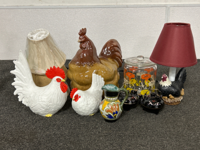 CHICKEN FIGURINES, WORKING LAMP WITH SHADES, CANDY DISH AND MORE