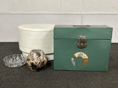 SMALL VINTAGE METAL FILE BOX, COLLECTIBLE NATIVE AMERICAN VASE, SMALL PRESSED GLASS DISH, AND FOOD DEHYDRATOR (WORKS)